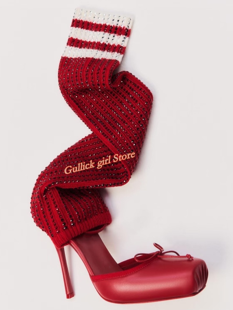 Red Knit Square Toe Boots Cut  - Knee High Sock Women のレビューと価格