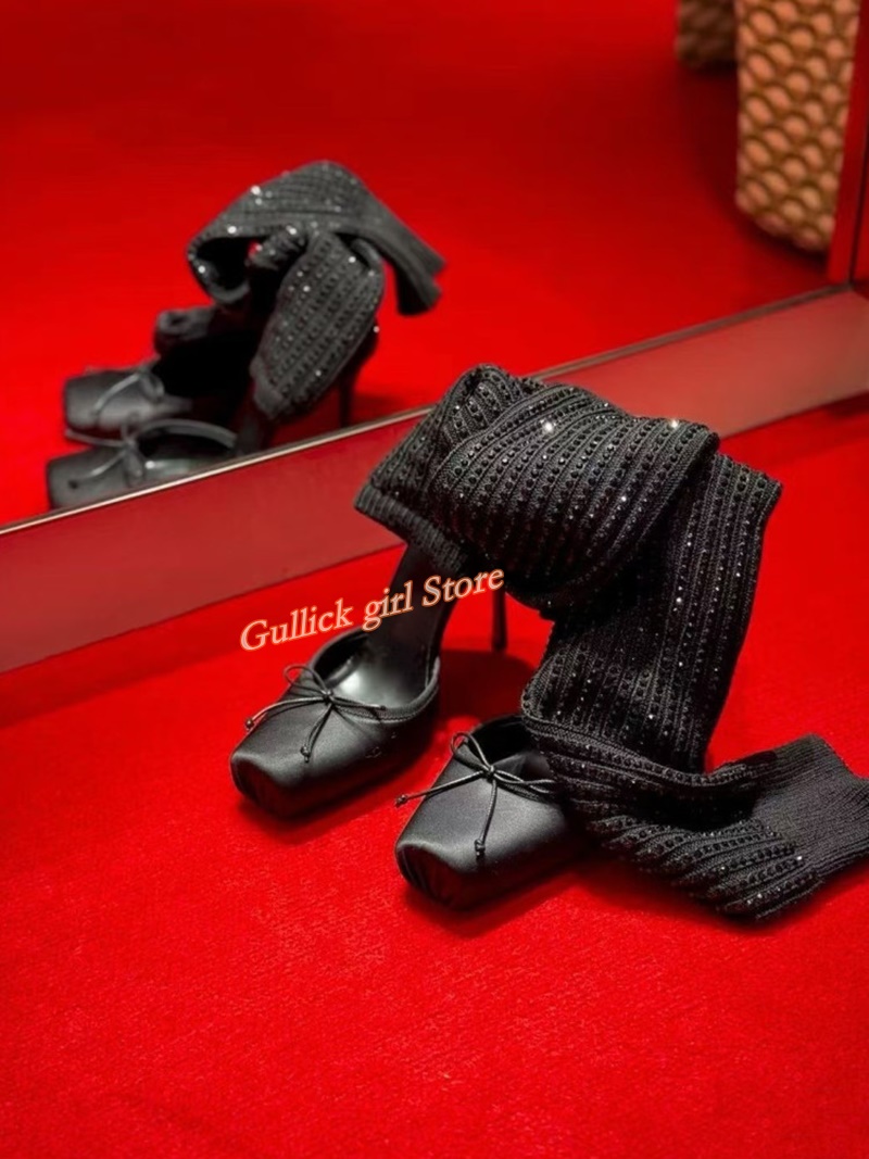 Red Knit Square Toe Boots Cut  - Knee High Sock Women のレビューと価格